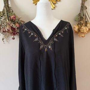 Boho Black Beaded and Jeweled Long Sleeve Top